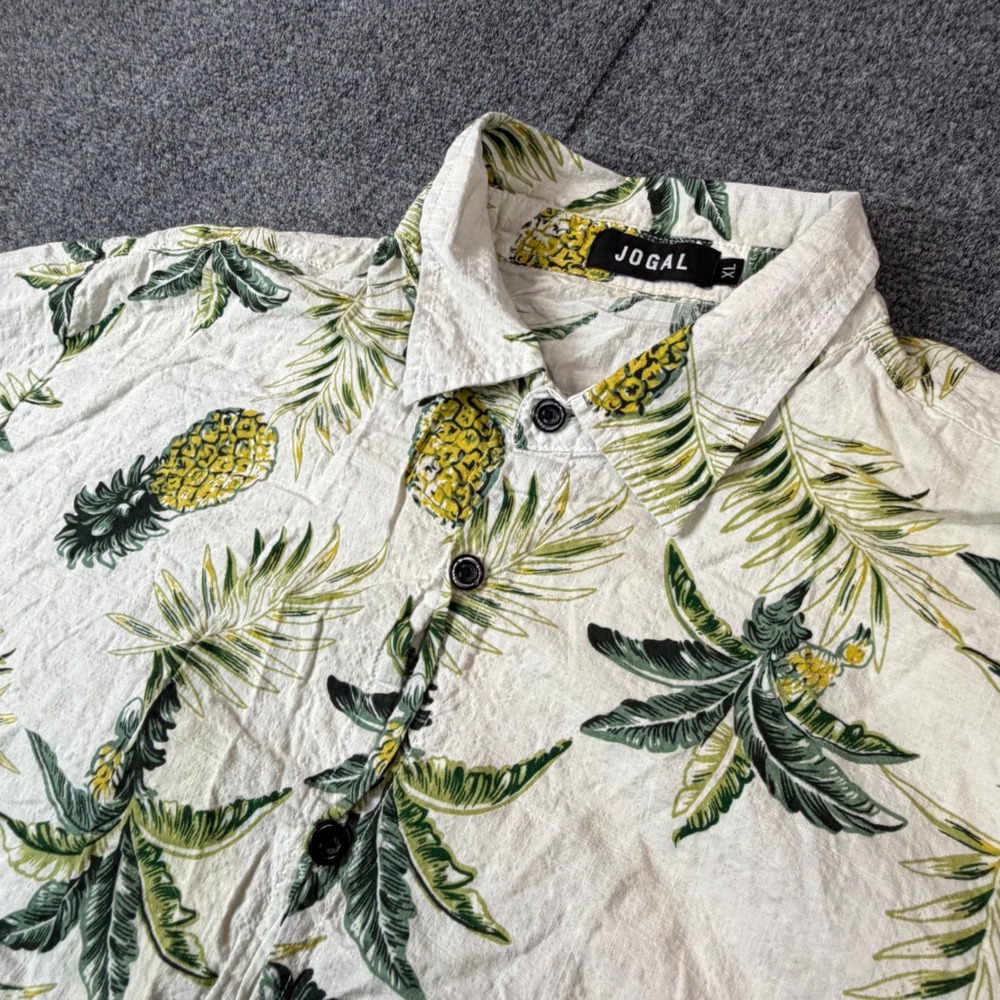 JOGAL Mens XL Pineapple Palm Leaf Tropical Short Sleeve Button Up Shirt White